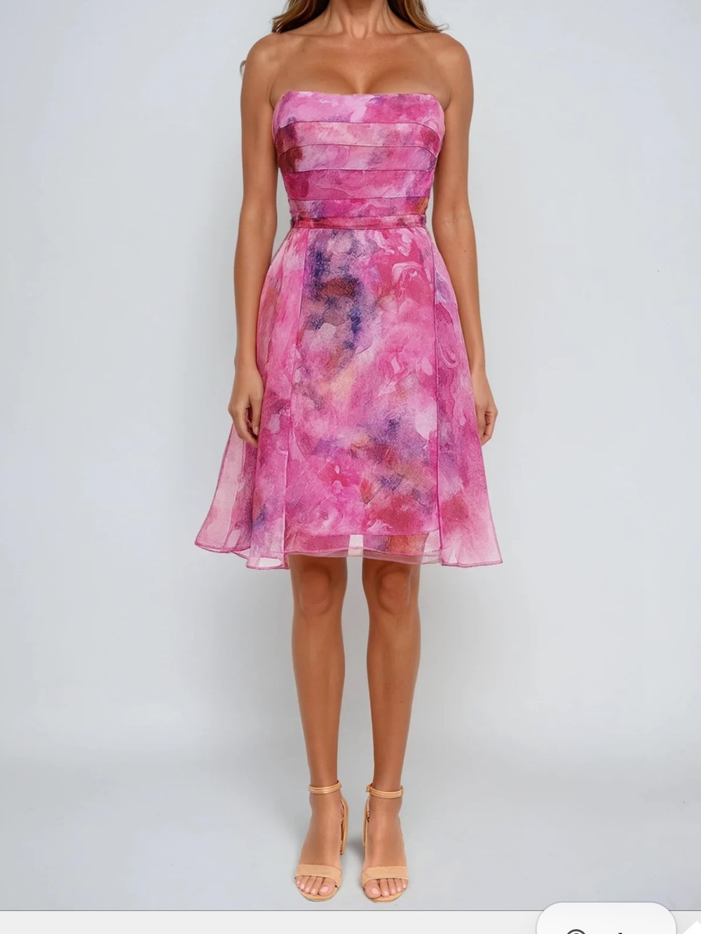 Rene Ruiz Strapless Pleated Printed Organza A-Line Cocktail sz 8 NWT